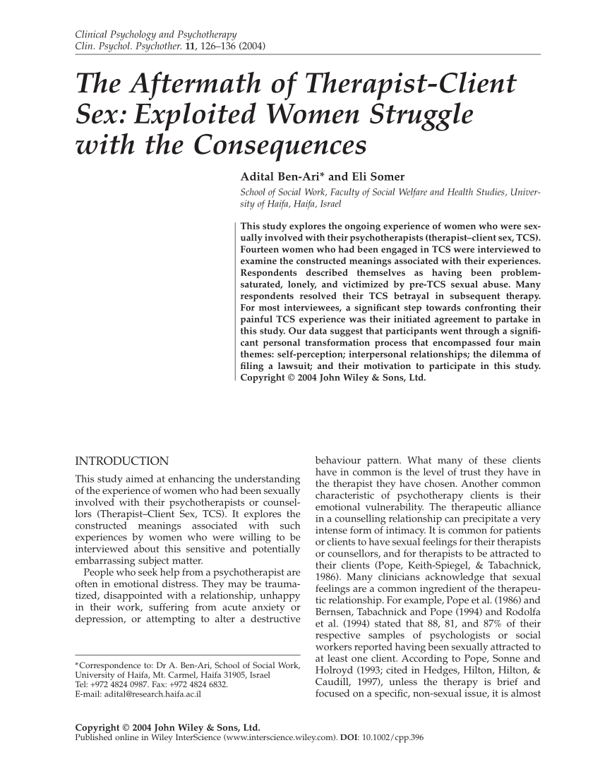 PDF) The aftermath of therapist-client sex: Exploited women struggle with  the consequences