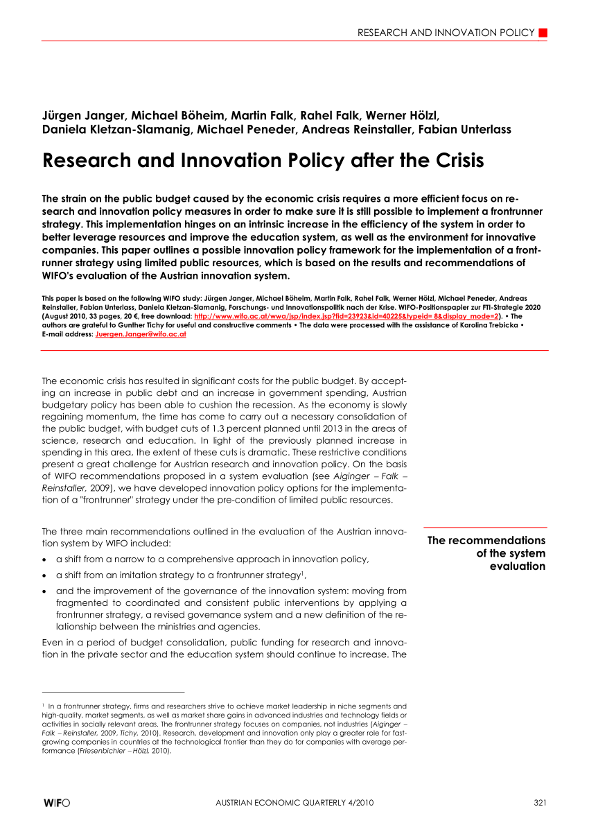Pdf Research And Innovation Policy After The Crisis