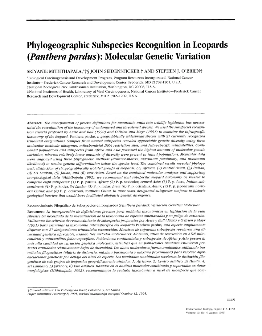 Pdf Phylogeographic Subspecies Recognition In Leopards Panthera Pardus Molecular Genetic Variation