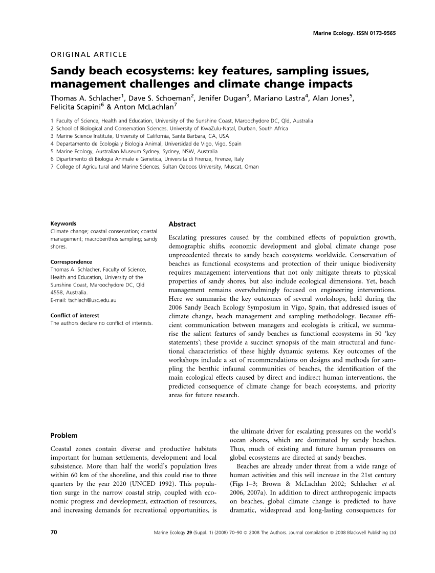 Pdf Sandy Beach Ecosystems Key Features Management Challenges Climate Change Impacts And Sampling Issues Mar Ecol