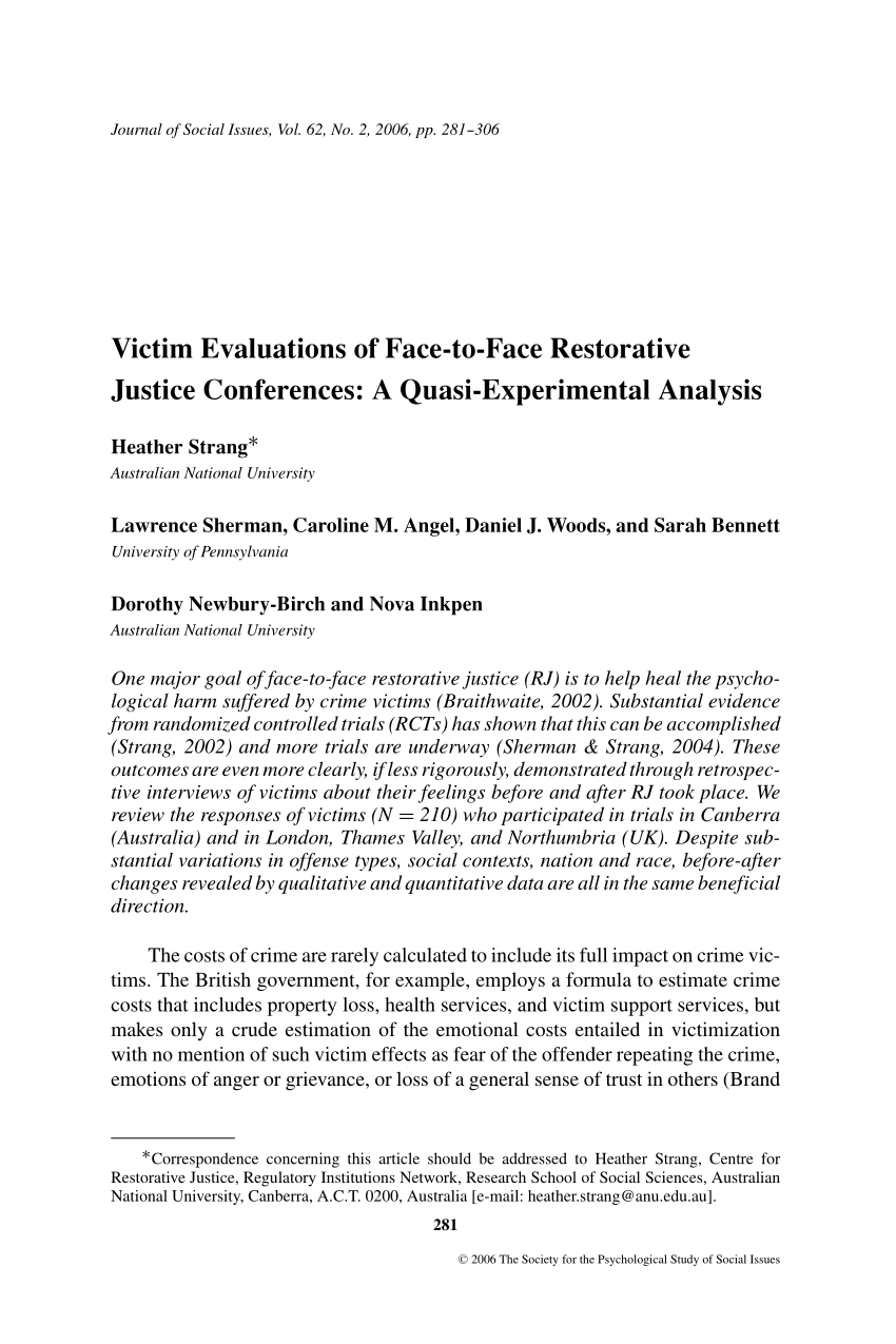 Pdf Victim Evaluations Of Face To Face Restorative Justice Conferences A Quasi Experimental Analysis