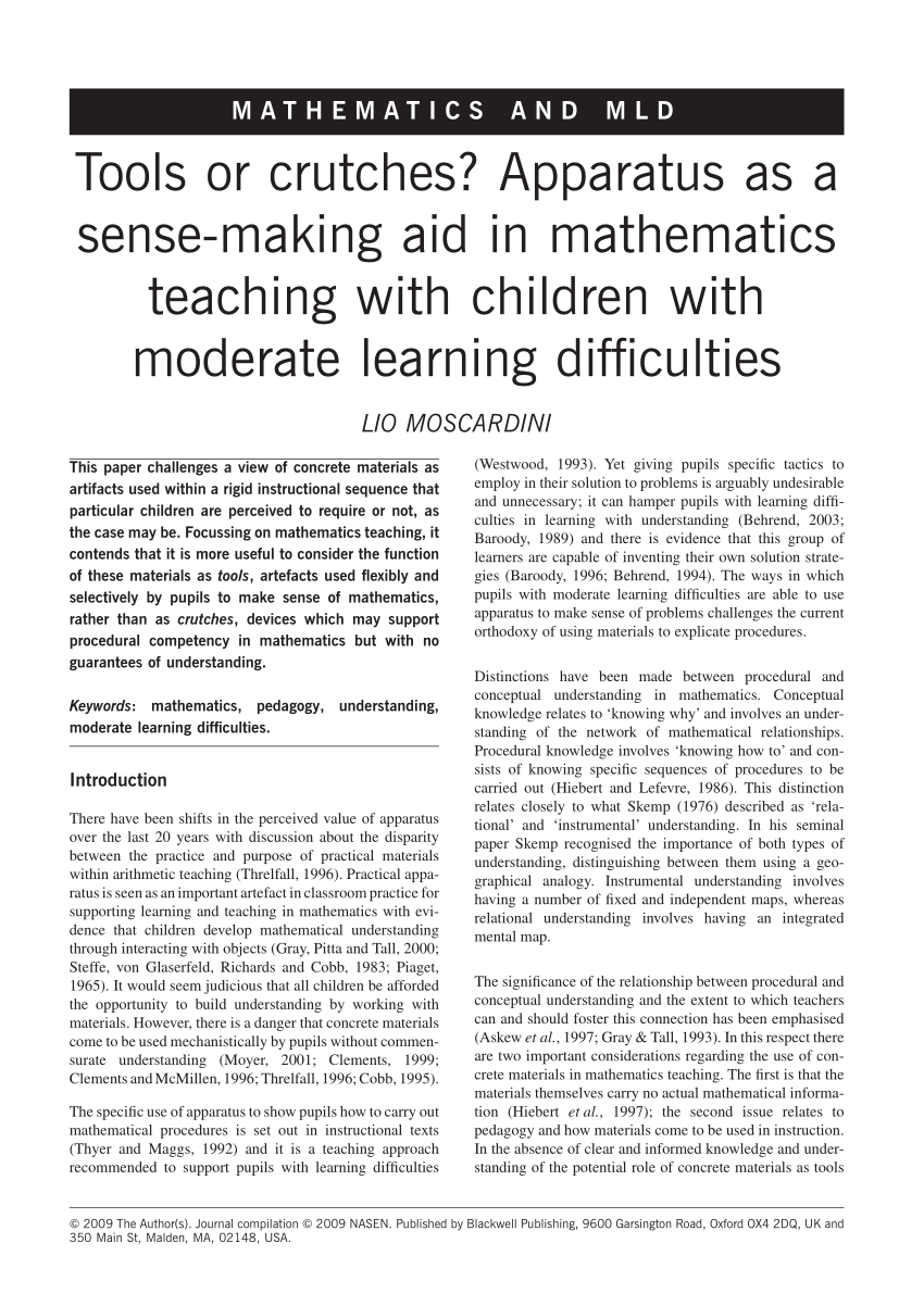 Pdf Tools Or Crutches Apparatus As A Sense Making Aid In Mathematics Teaching With Children With Moderate Learning Difficulties