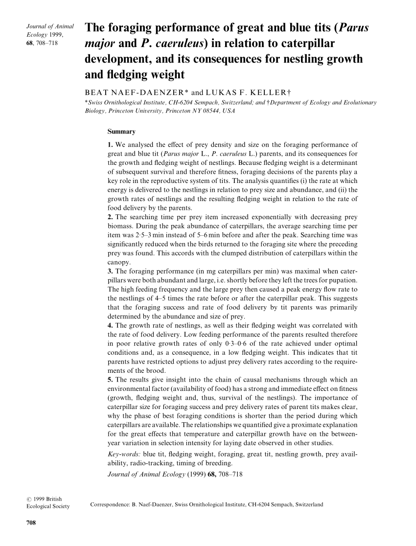 Pdf The Foraging Performance Of Great And Blue Tits Parus Major