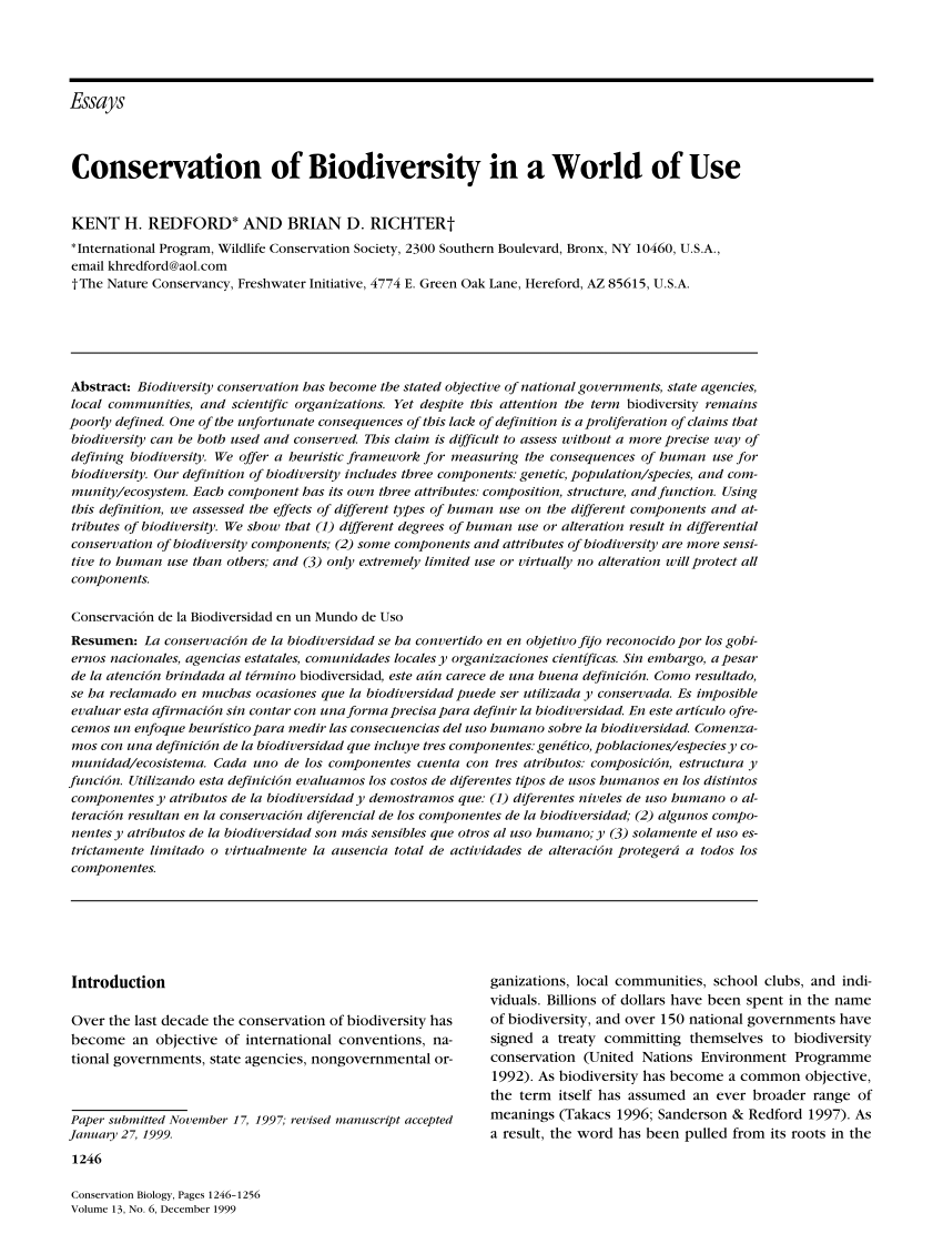 Pdf Conservation Of Biodiversity In A World Of Use