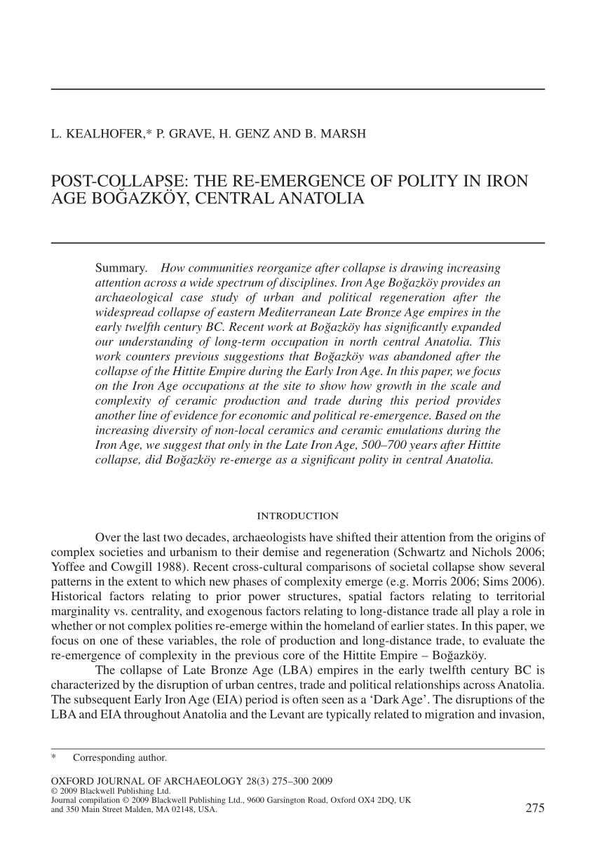 Pdf Post Collapse The Re Emergence Of Polity In Iron Age Boǧazkoy Central Anatolia