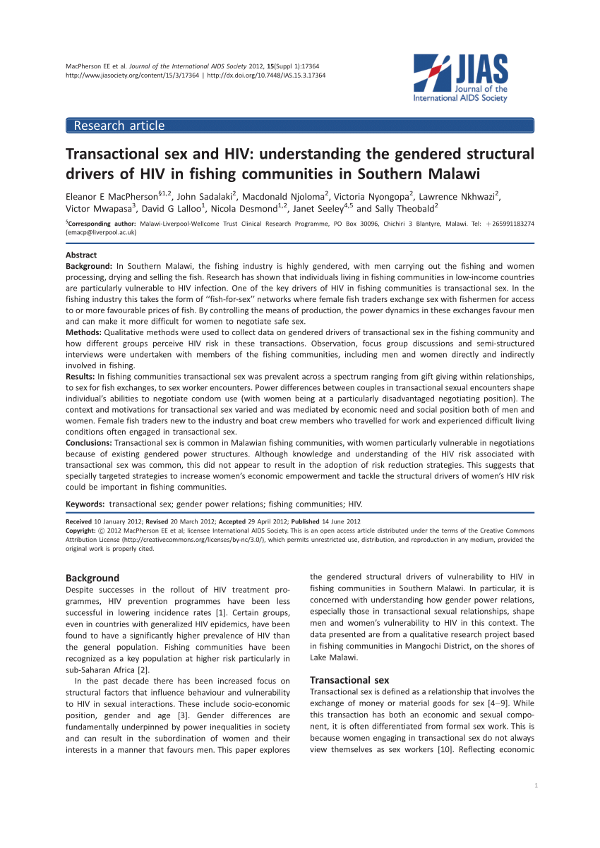 PDF) Transactional sex and HIV understanding the gendered structural drivers of HIV in fishing communities in Southern Malawi