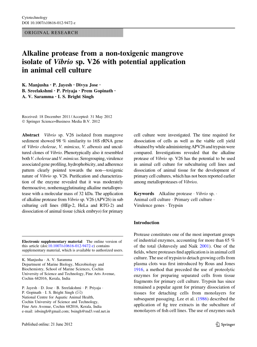 PDF) Alkaline protease from a non-toxigenic mangrove isolate of Vibrio sp.  V26 with potential application in animal cell culture
