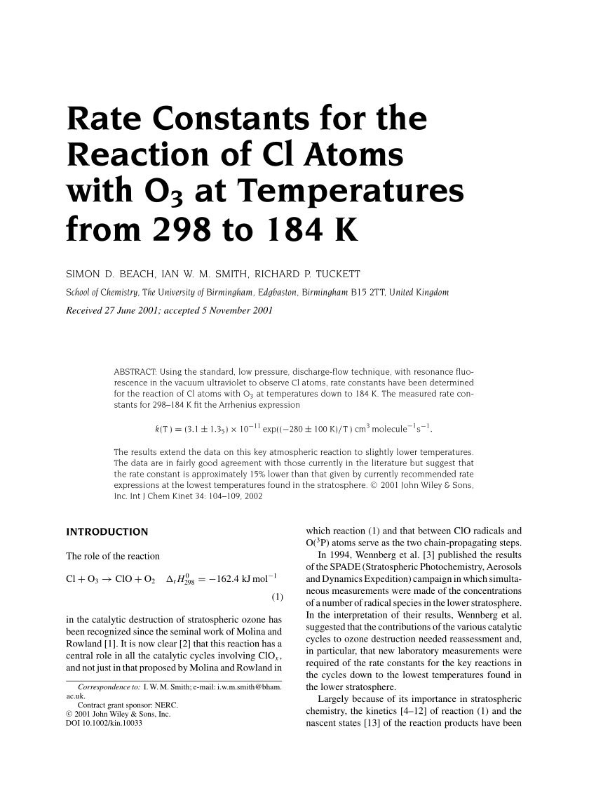 Pdf Rate Constants For The Reaction Of Cl Atoms With O3 At Temperatures From 298 To 184 K