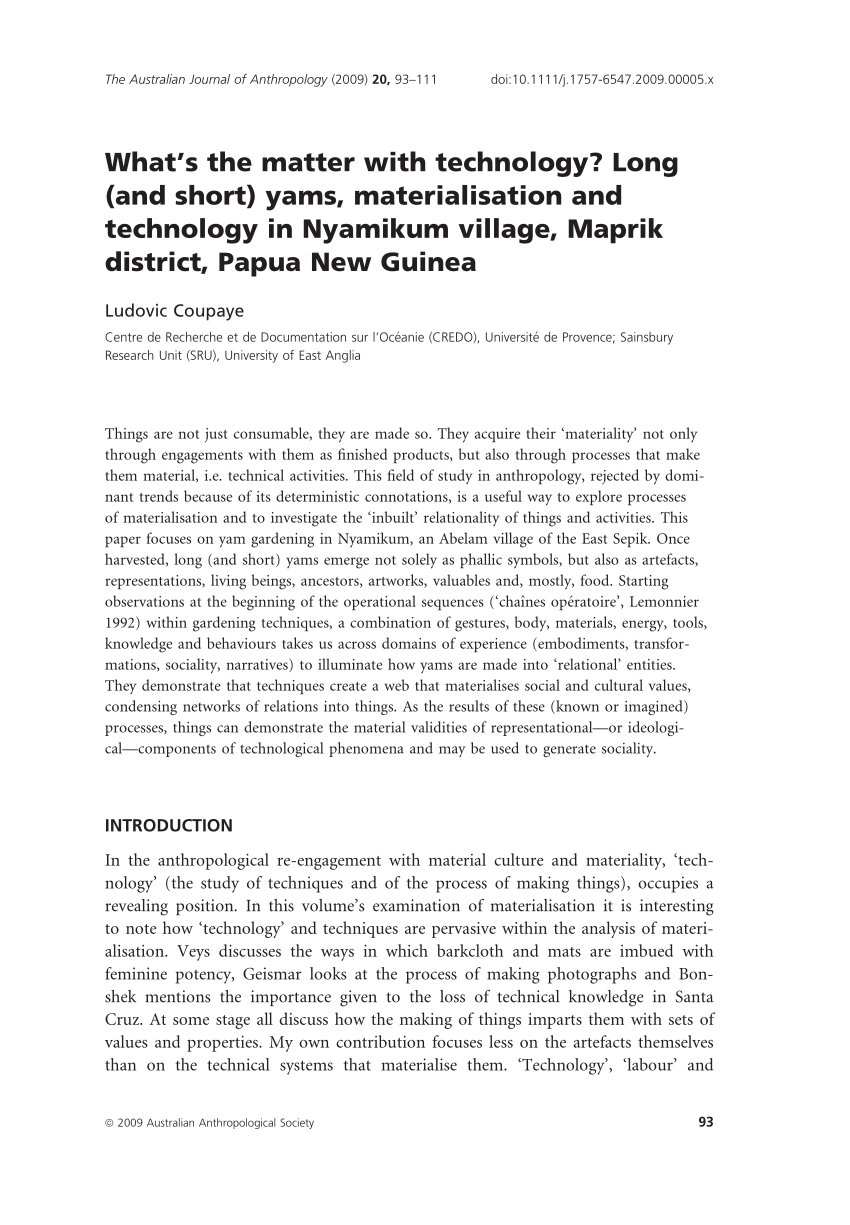 Pdf What S The Matter With Technology Long And Short Yams Materialisation And Technology In Nyamikum Village Maprik District Papua New Guinea