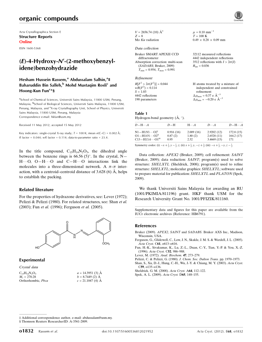 Pdf E 4 Hy Droxy N 2 Meth Oxy Benzyl Idene Benzohydrazide