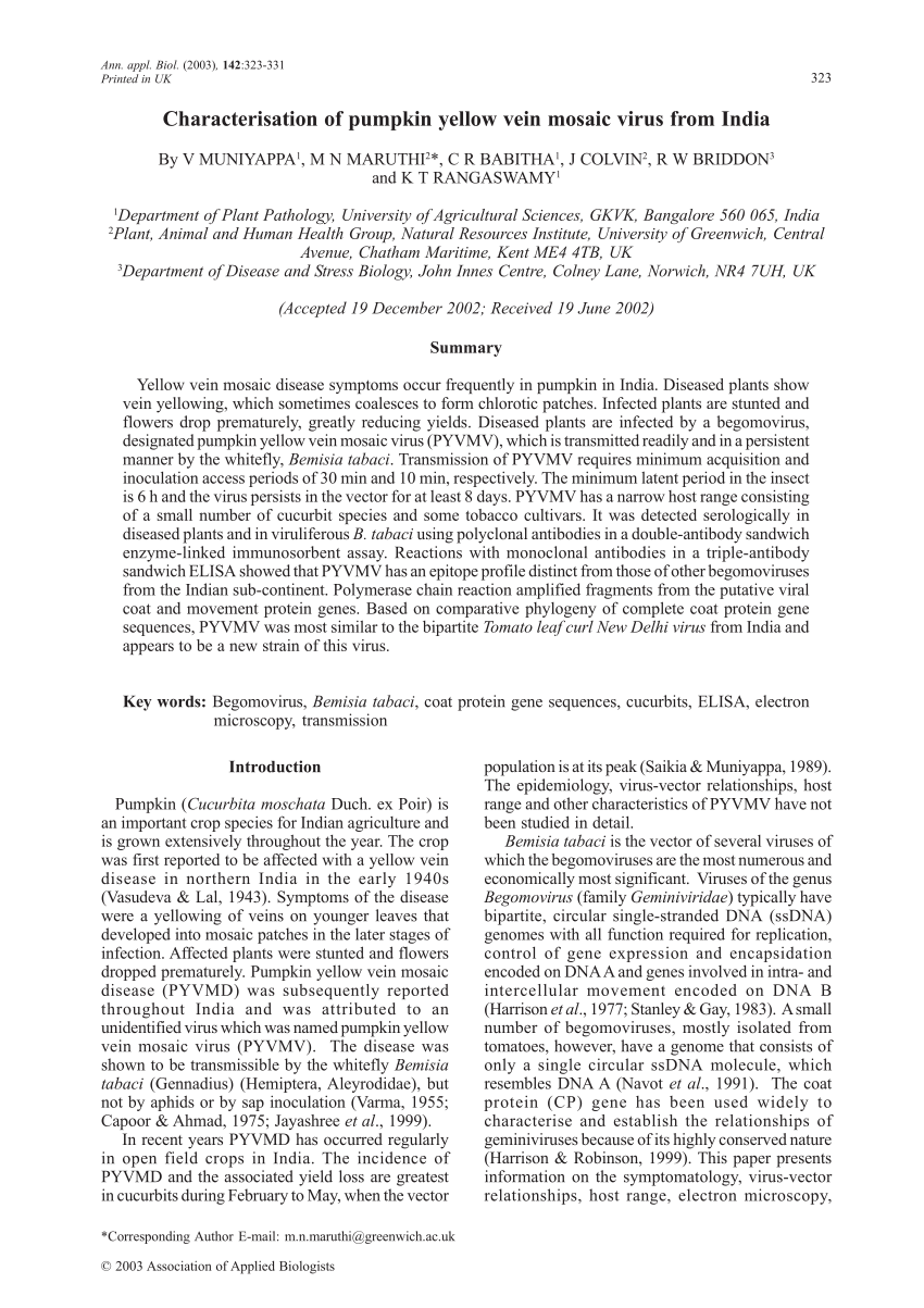 (PDF) Characterisation of Pumpkin yellow vein mosaic virus from India