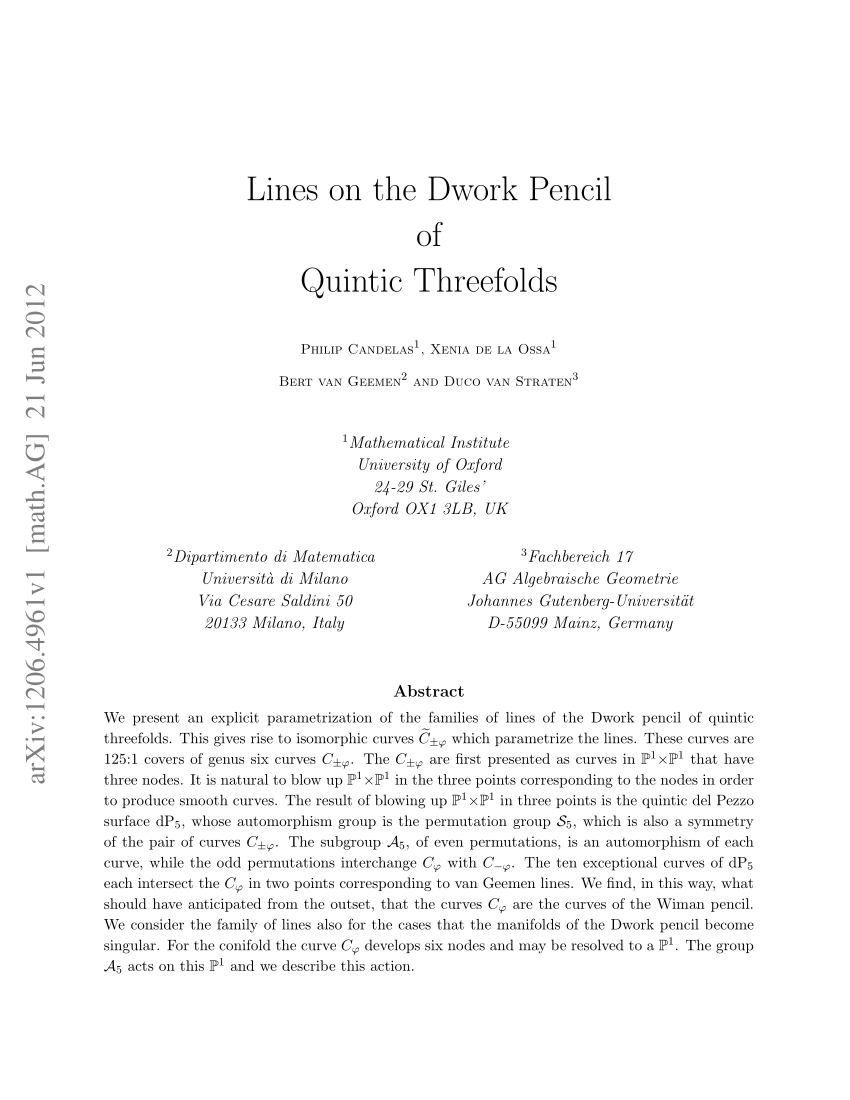 Pdf Lines On The Dwork Pencil Of Quintic Threefolds