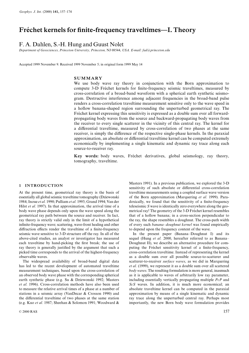 Pdf Fr Chet Kernels For Finite Frequency Traveltimes I Theory