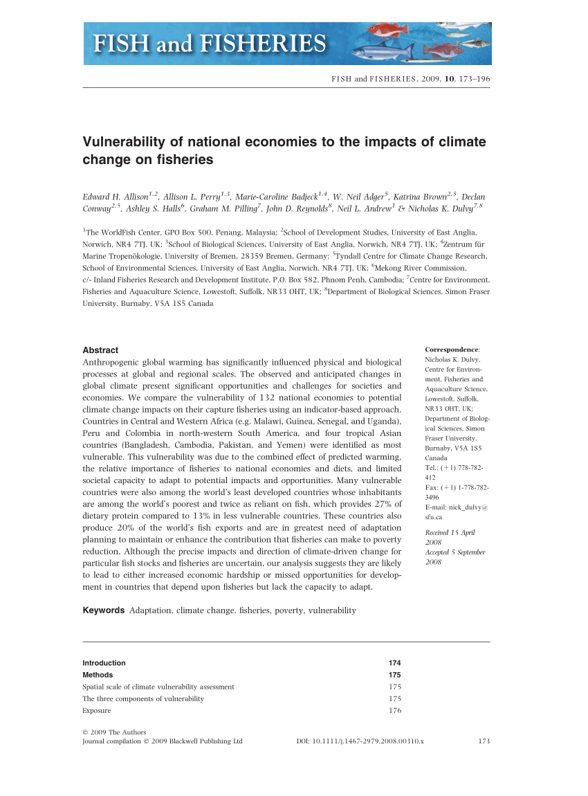Vulnerability of National Economies to the Impacts of Climate on Fisheries