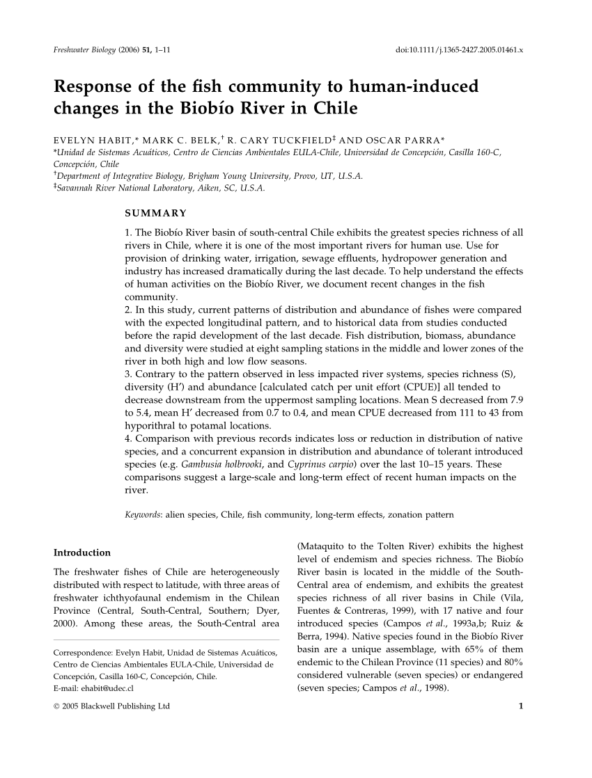 Pdf Response Of The Fish Community To Human Induced Changes In The Biobio River In Chile