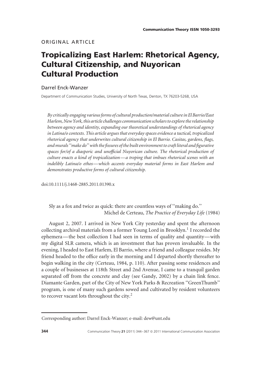 Pdf Tropicalizing East Harlem Rhetorical Agency Cultural Citizenship And Nuyorican Cultural Production