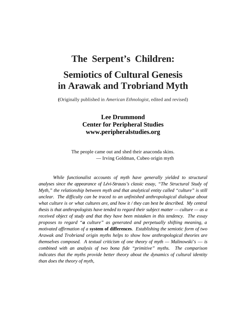 Pdf The Serpent S Children Semiotics Of Cultural Genesis In Arawak And Trobriand Myth