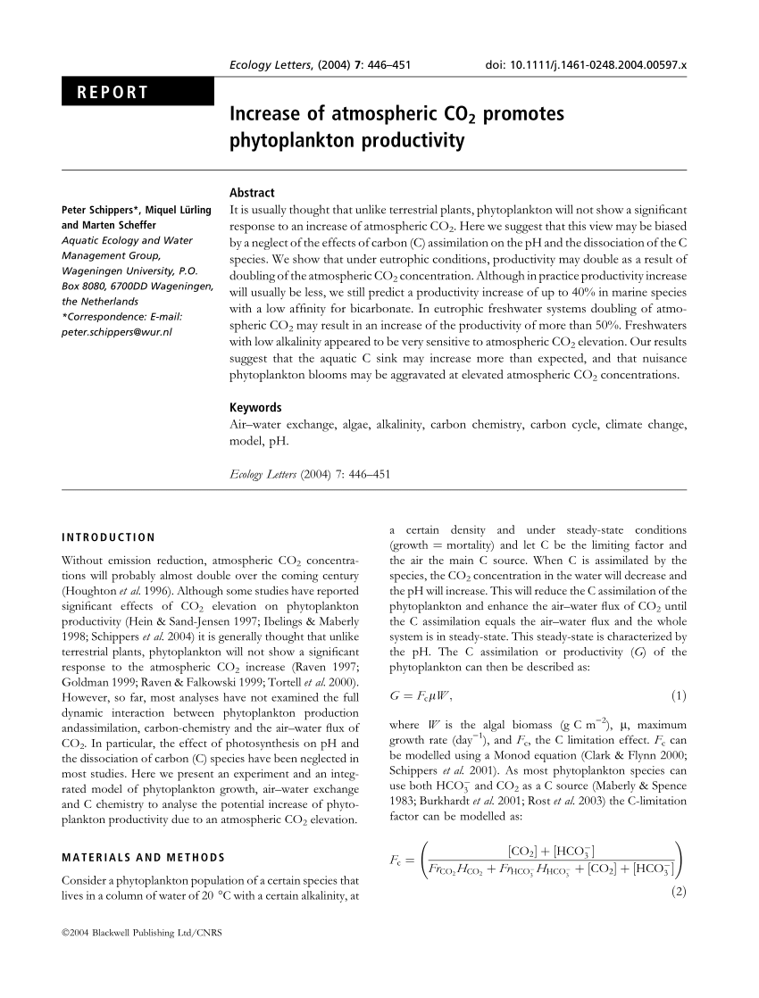 Pdf Increased Atmospheric Co2 Promotes Phytoplankton Productivity