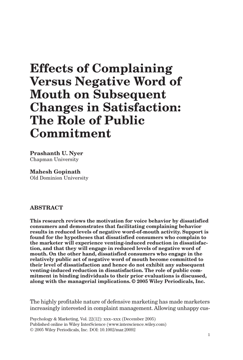Pdf Effects Of Plaining Versus Negative Word Of Mouth On Subsequent Changes In Satisfaction The Role Of Public Mitment