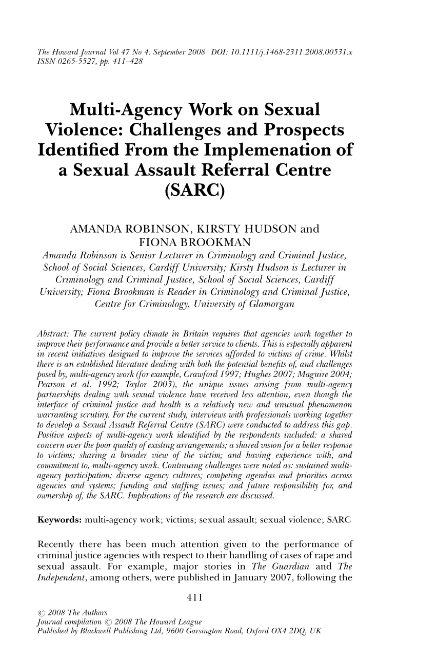 PDF) Multi‐Agency Work on Sexual Violence Challenges and Prospects Identified From the Implemenation of a Sexual Assault Referral Centre (SARC) photo