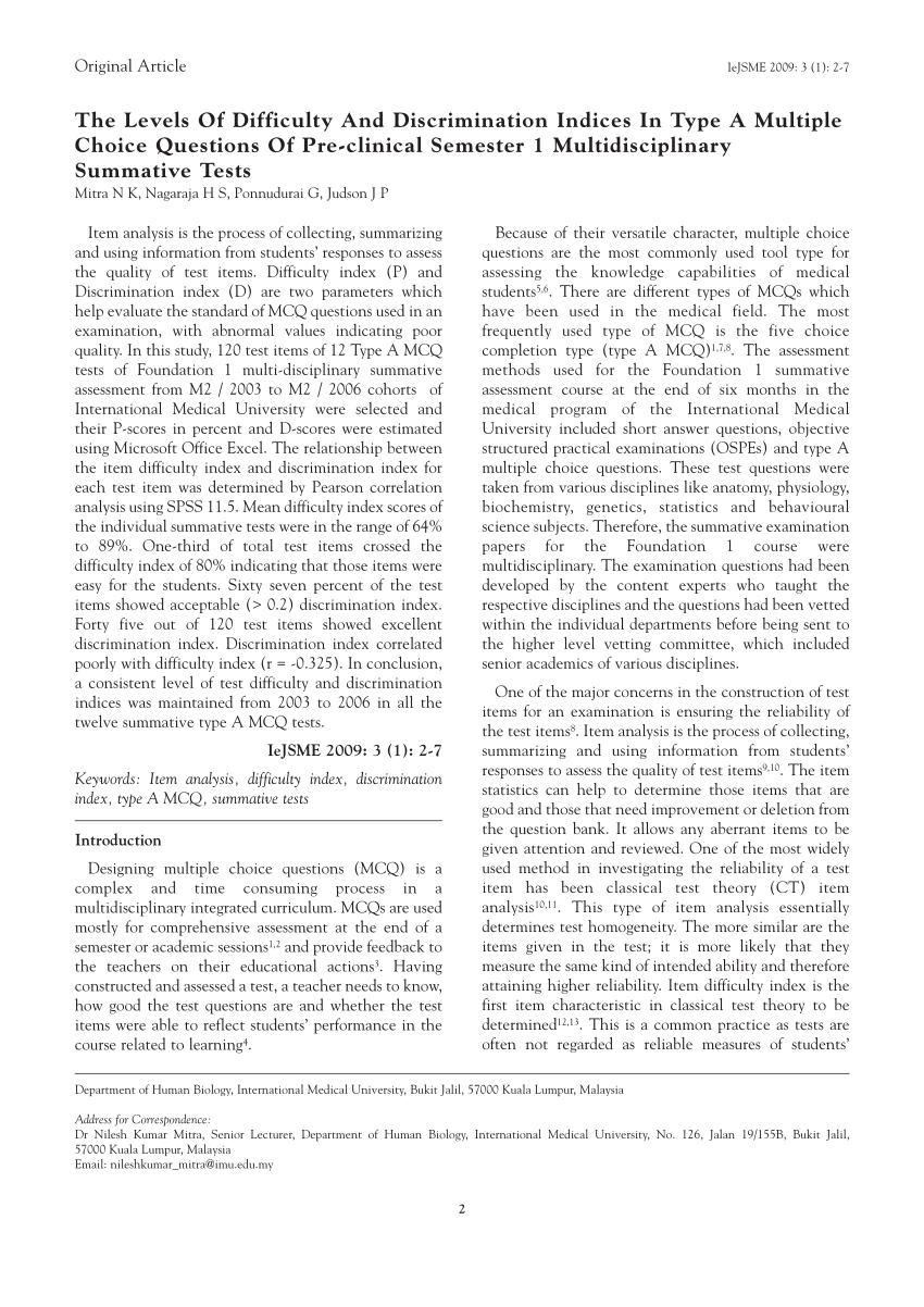 Pdf The Levels Of Difficulty And Discrimination Indices In Type A Multiple Choice Questions Of Pre Clinical Semester 1 Multidisciplinary Summative Tests