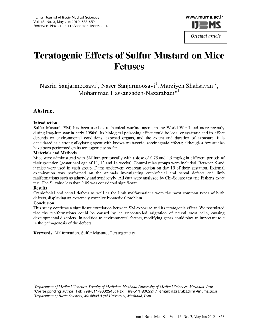 Pdf Teratogenic Effects Of Sulfur Mustard On Mice Fetuses