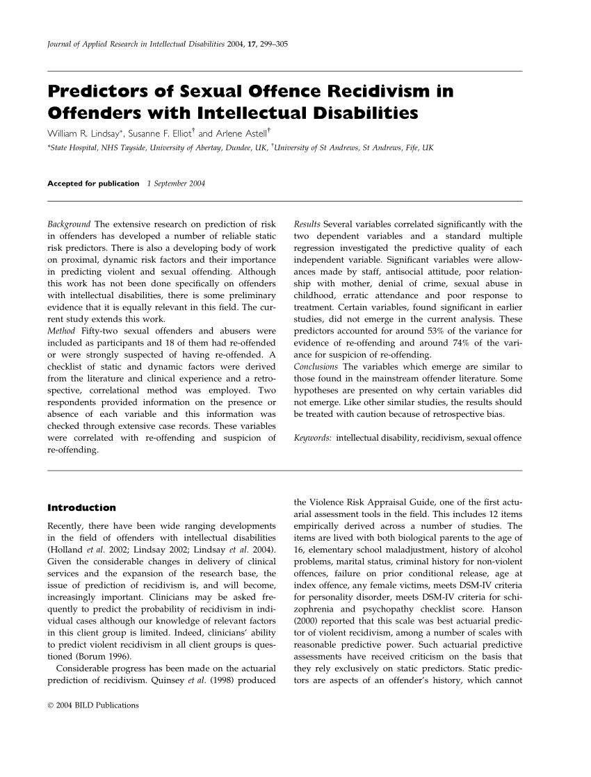 Pdf Predictors Of Sexual Offence Recidivism In Offenders With Intellectual Disabilities 8925