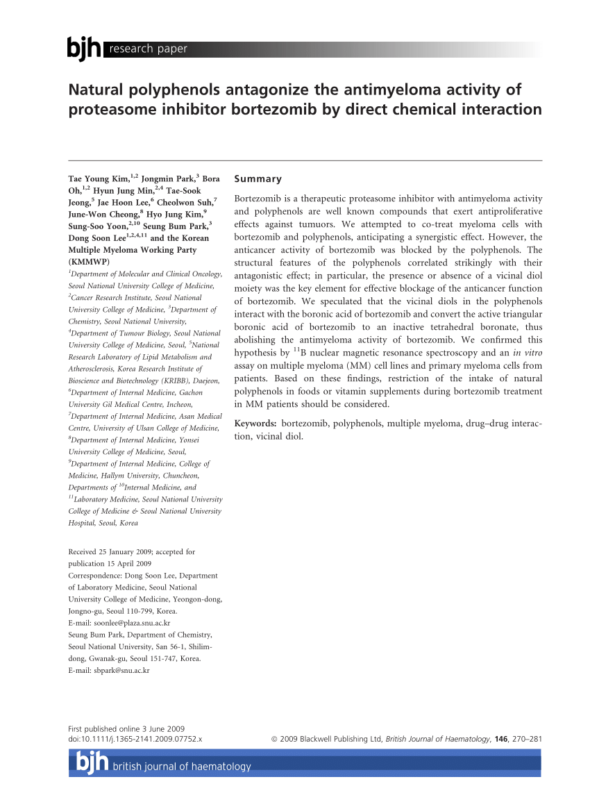 Pdf Natural Polyphenols Antagonize The Antimyeloma Activity Of Proteasome Inhibitor Bortezomib By Direct Chemical Interaction