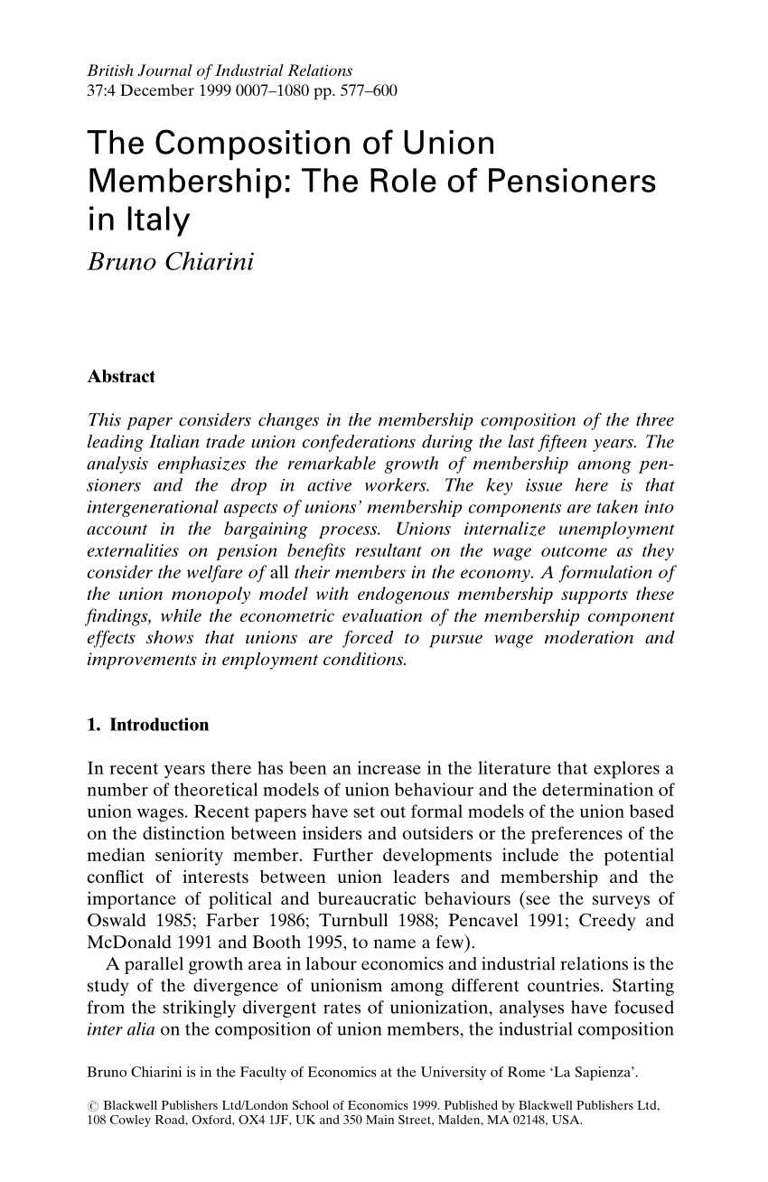 Pdf The Composition Of Union Membership The Role Of Pensioners In Italy