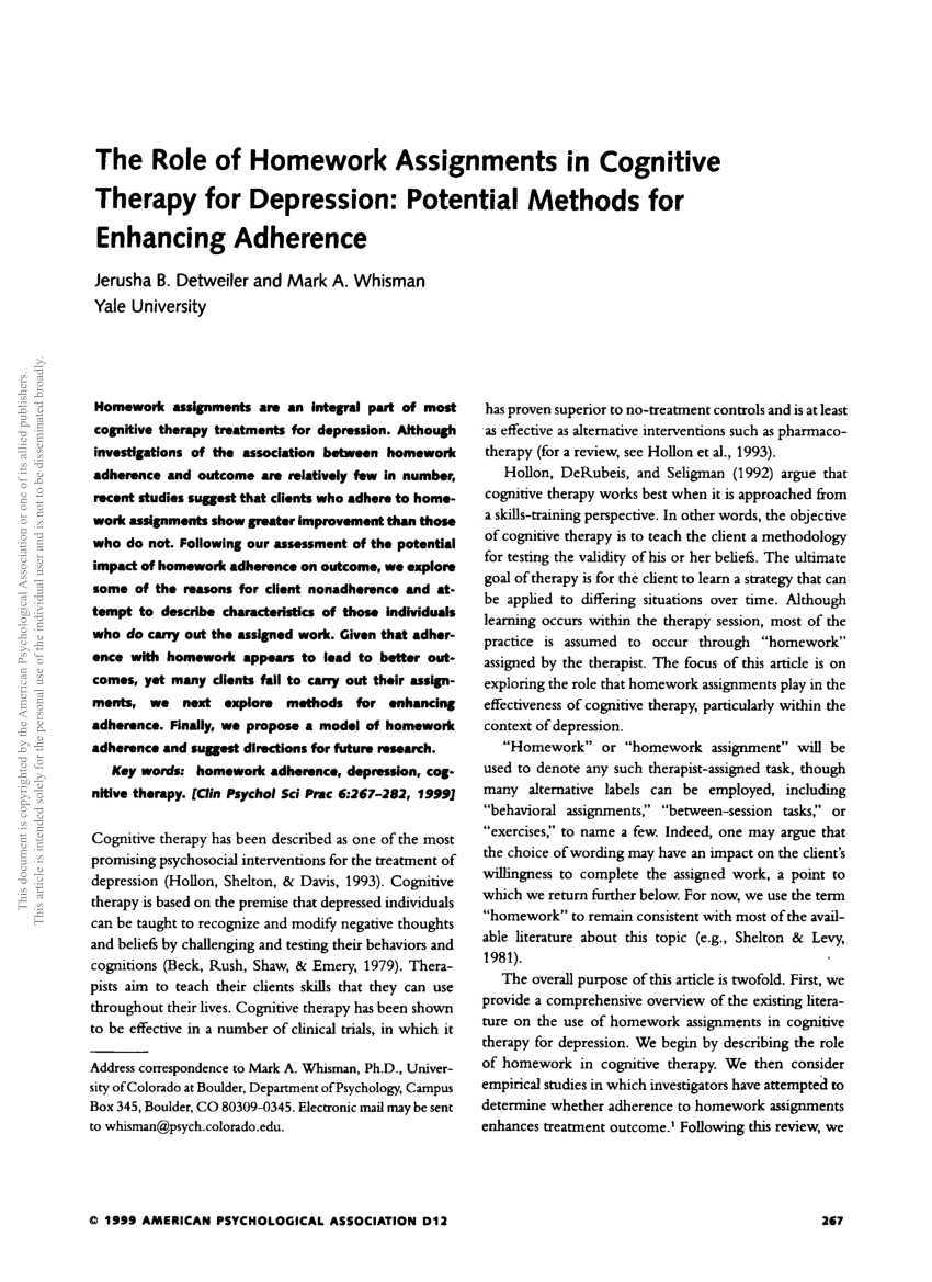 promoting homework adherence in cognitive behavioral therapy for adolescent depression