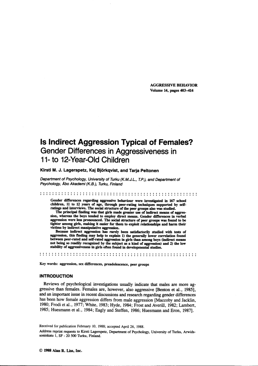 PDF) Is Indirect Aggression Typical of Females? Gender Differences in  Aggressiveness in 11- to 12-Year-Old Children