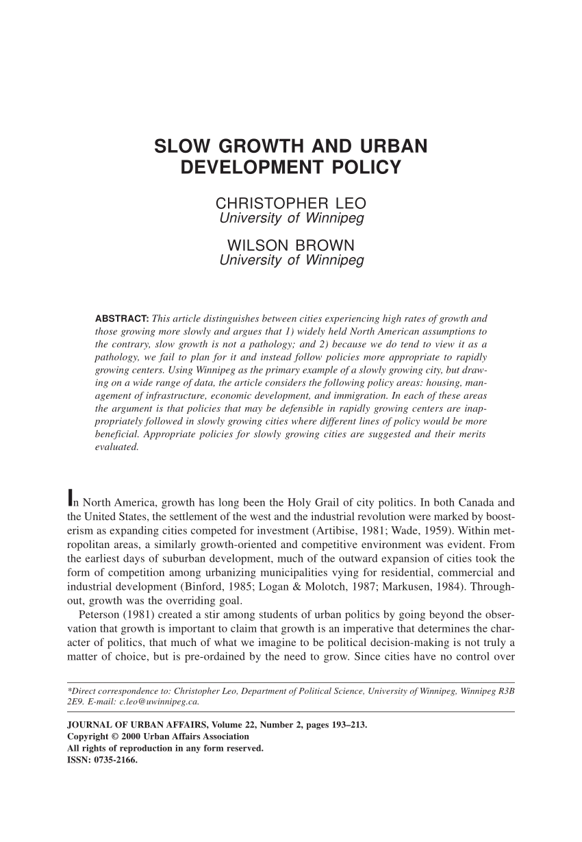 Pdf Slow Growth And Urban Development Policy