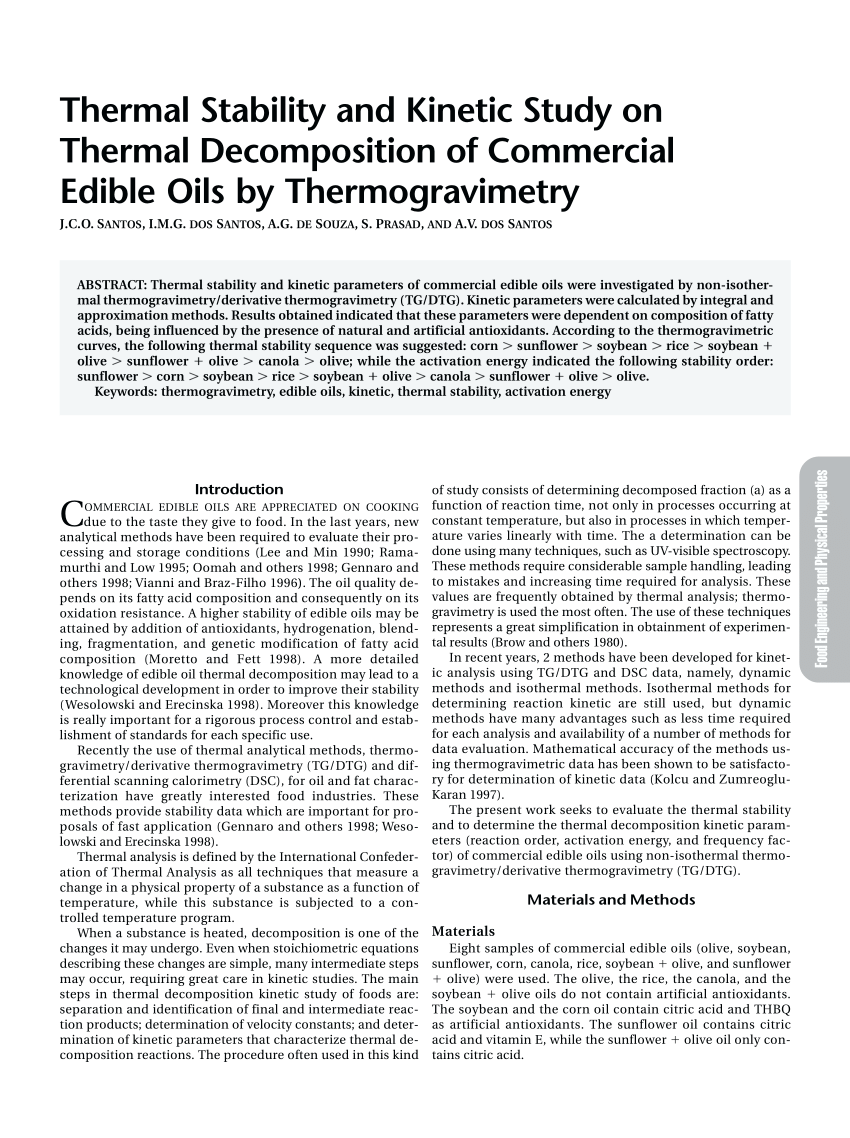 Pdf Thermal Stability And Kinetic Study On Thermal Decomposition Of Commercial Edible Oils By Thermogravimetry