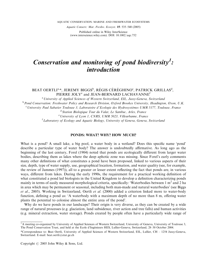 Pdf Conservation And Monitoring Of Pond Biodiversity