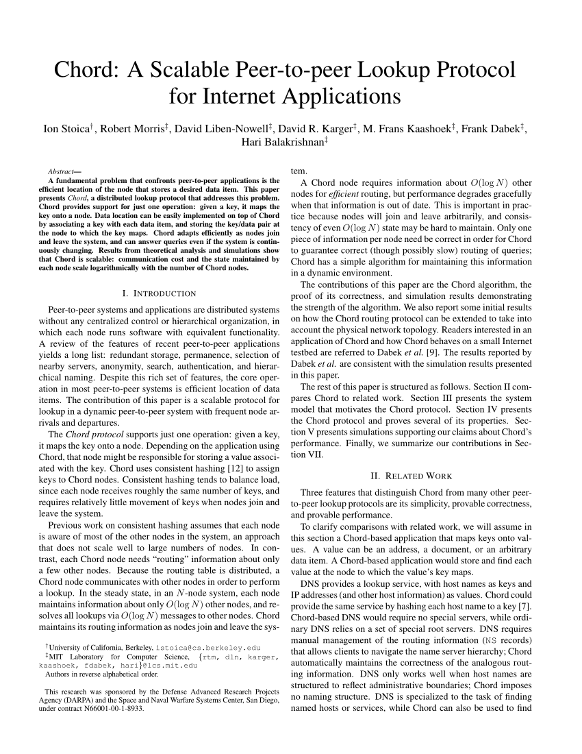 Pdf Chord A Scalable Peer To Peer Lookup Protocol For Internet Applications