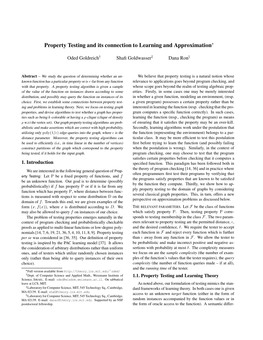 Pdf Property Testing And Its Connection To Learning And Approximation
