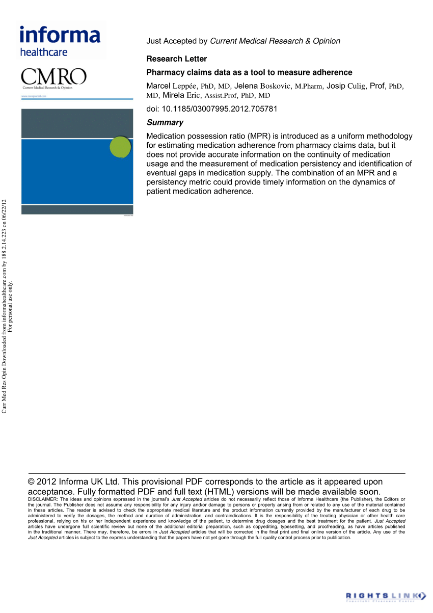 (PDF) Pharmacy claims data as a tool to measure adherence