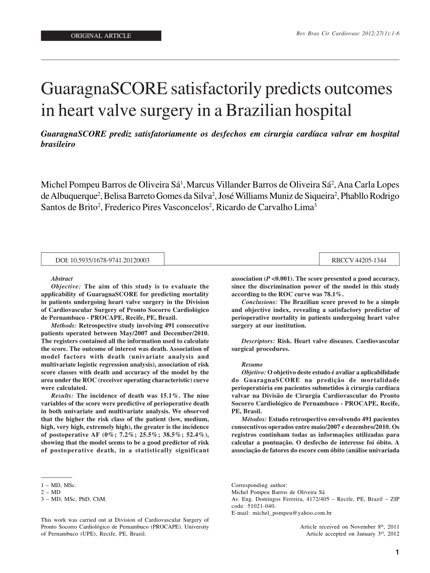 Braz J Cardiovasc Surg - Preoperative Left Ventricular Global