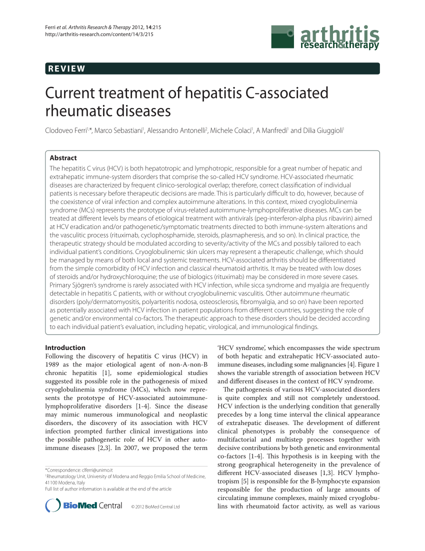 Pdf Current Treatment Of Hepatitis C Associated Rheumatic Diseases