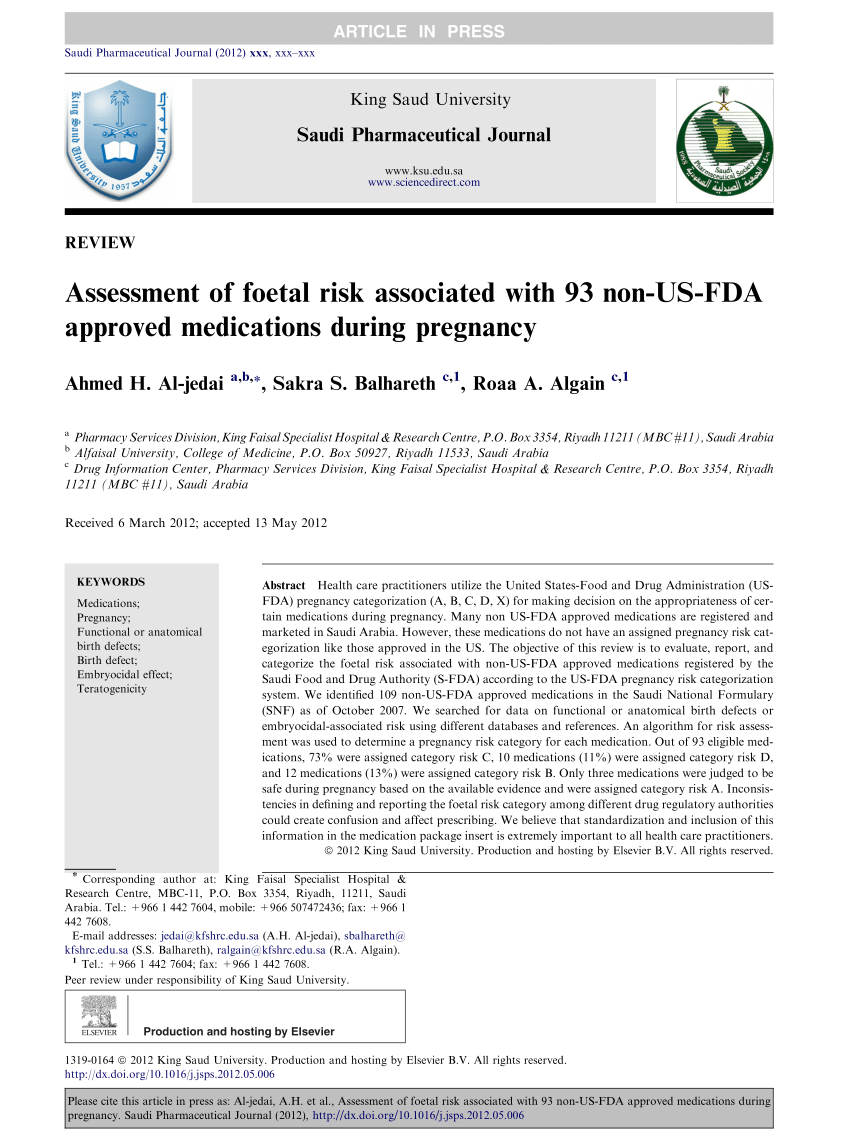 Pdf Assessment Of Foetal Risk Associated With 93 Non Us Fda Approved Medications During Pregnancy Production And Hosting By Elsevier