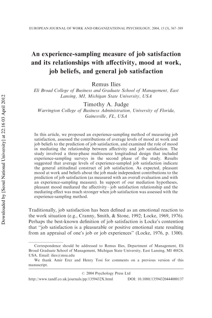 Pdf An Experience Sampling Measure Of Job Satisfaction And Its Relationships With Affectivity Mood At Work Job Beliefs And General Job Satisfaction
