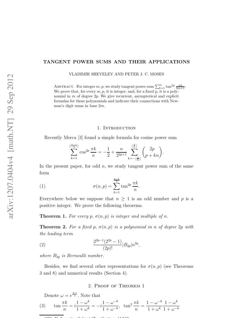 ulækkert Vred skylle PDF) Tangent power sums and their applications