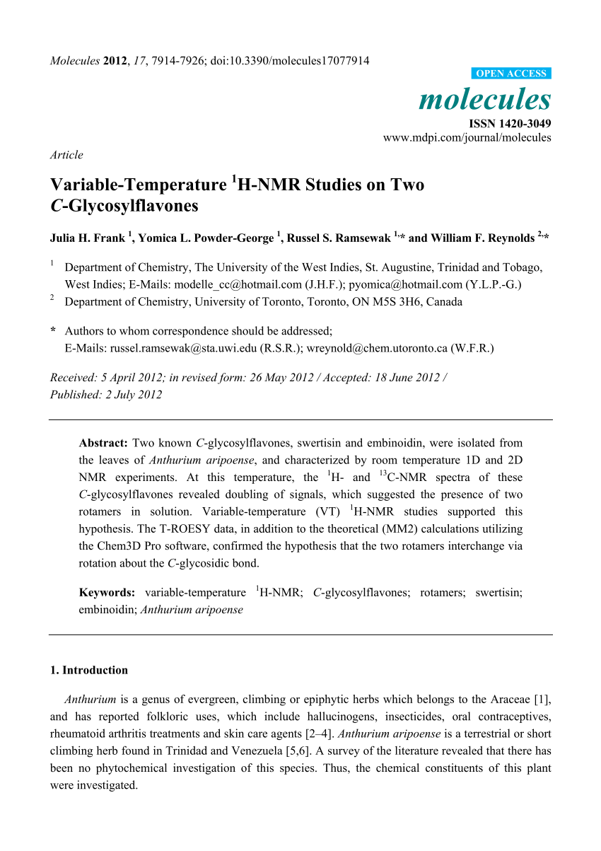 Pdf Variable Temperature H 1 Nmr Studies On Two C Glycosylflavones