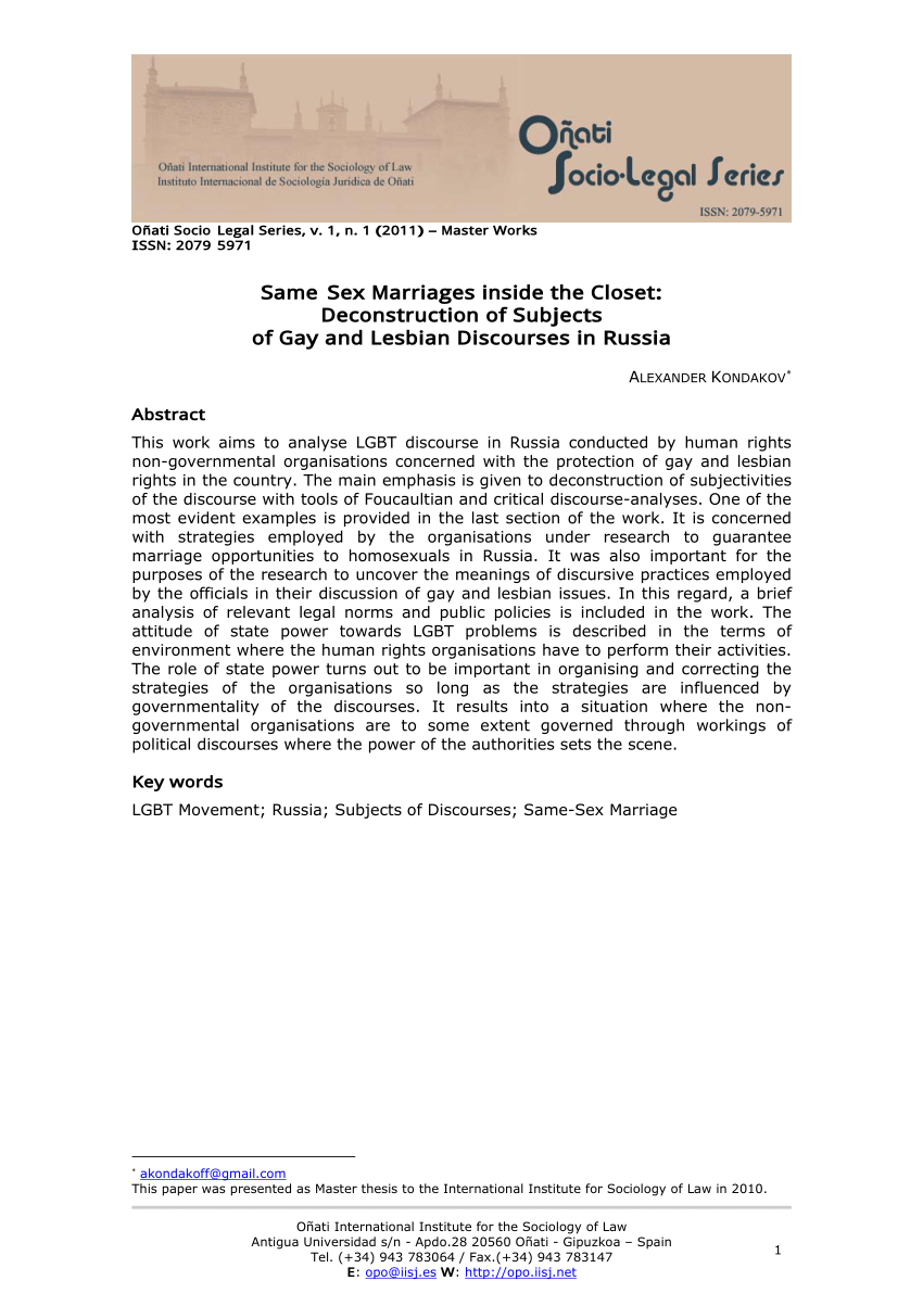 PDF) Same-Sex Marriages Inside the Closet: Deconstruction of Subjects of  Gay and Lesbian Discourses in Russia