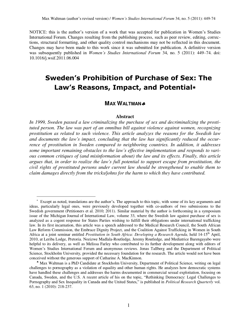 PDF) Swedens Prohibition of Purchase of Sex The Laws Reasons, Impact, and Potential