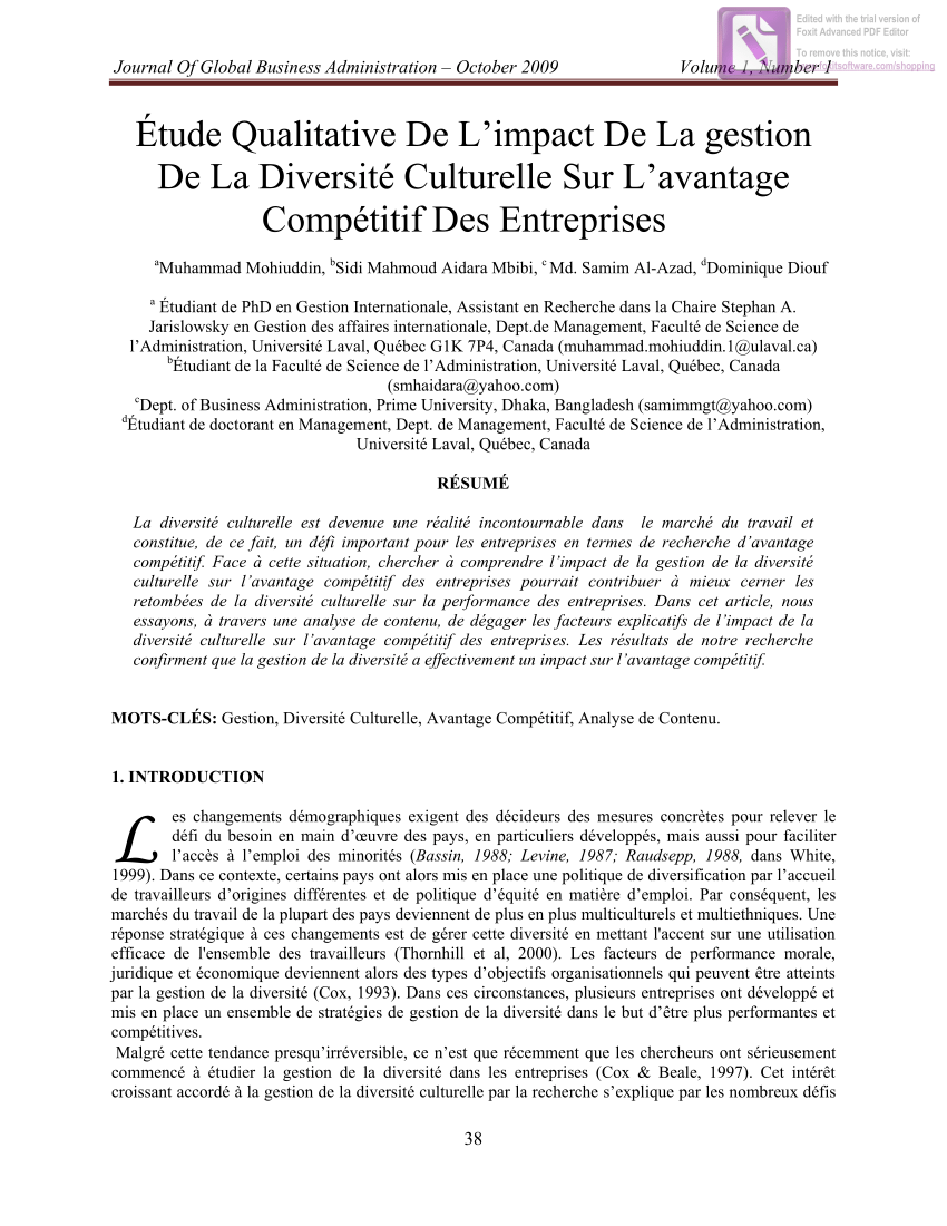 Pdf Etude Qualitative De L Impact De La Gestion De La Diversite Culturelle Sur L Avantage Competitif Des Entreprises