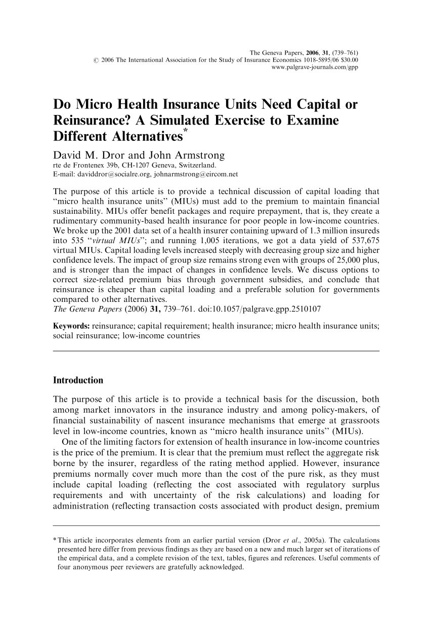 Pdf Reinsurance As An Alternative To Capital In Micro Health Insurance A Simulated Exercise To Compare The Cost Of The Alternatives