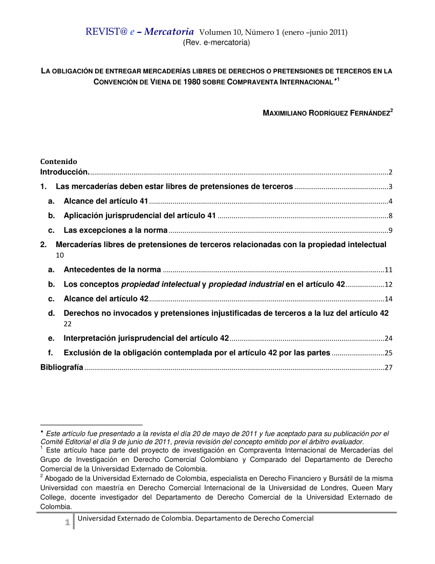 Pdf La Obligación De Entregar Mercaderías Libres De Derechos O Pretensiones De Terceros En La 2688