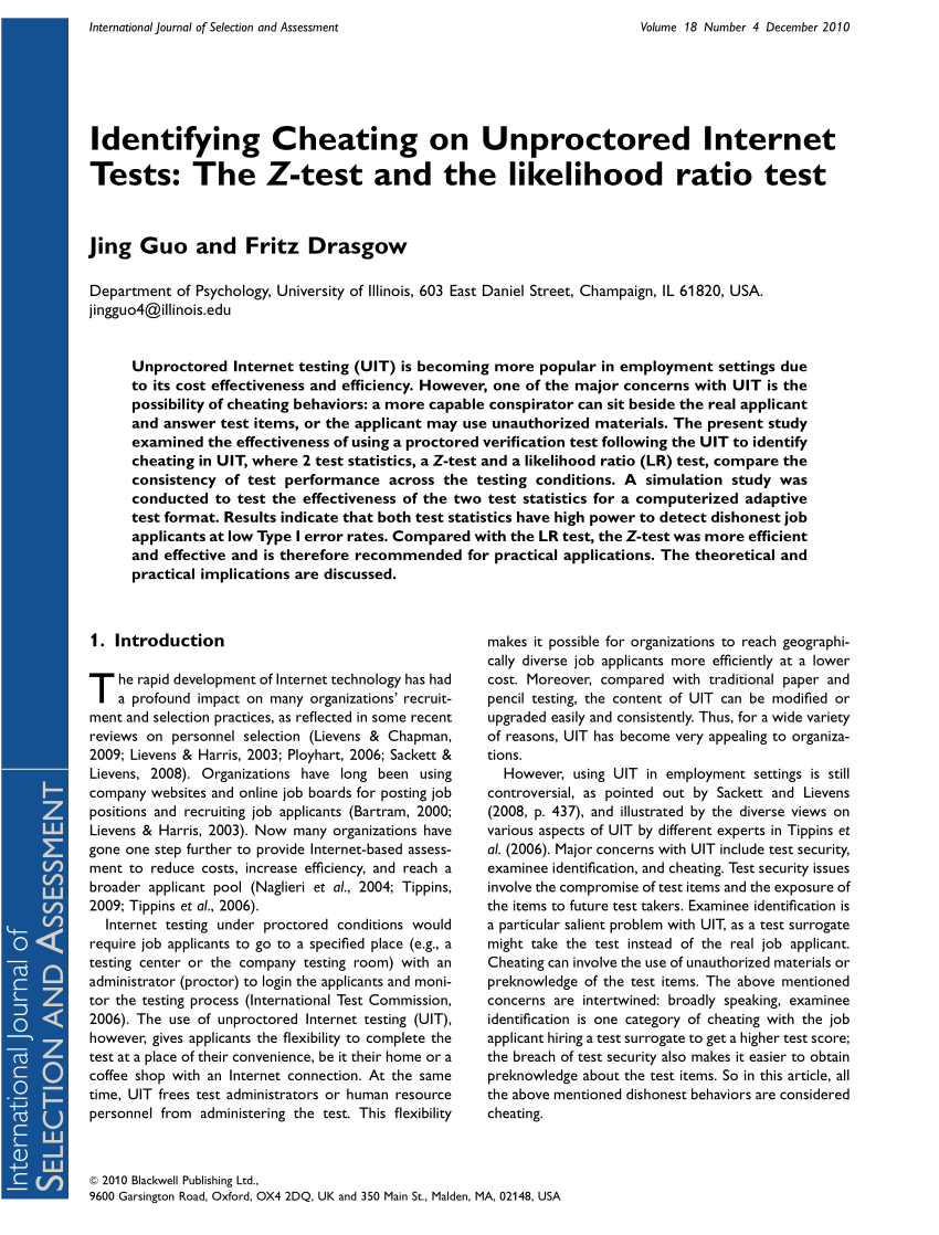 Pdf Identifying Cheating On Unproctored Internet Tests The Z Test And The Likelihood Ratio Test