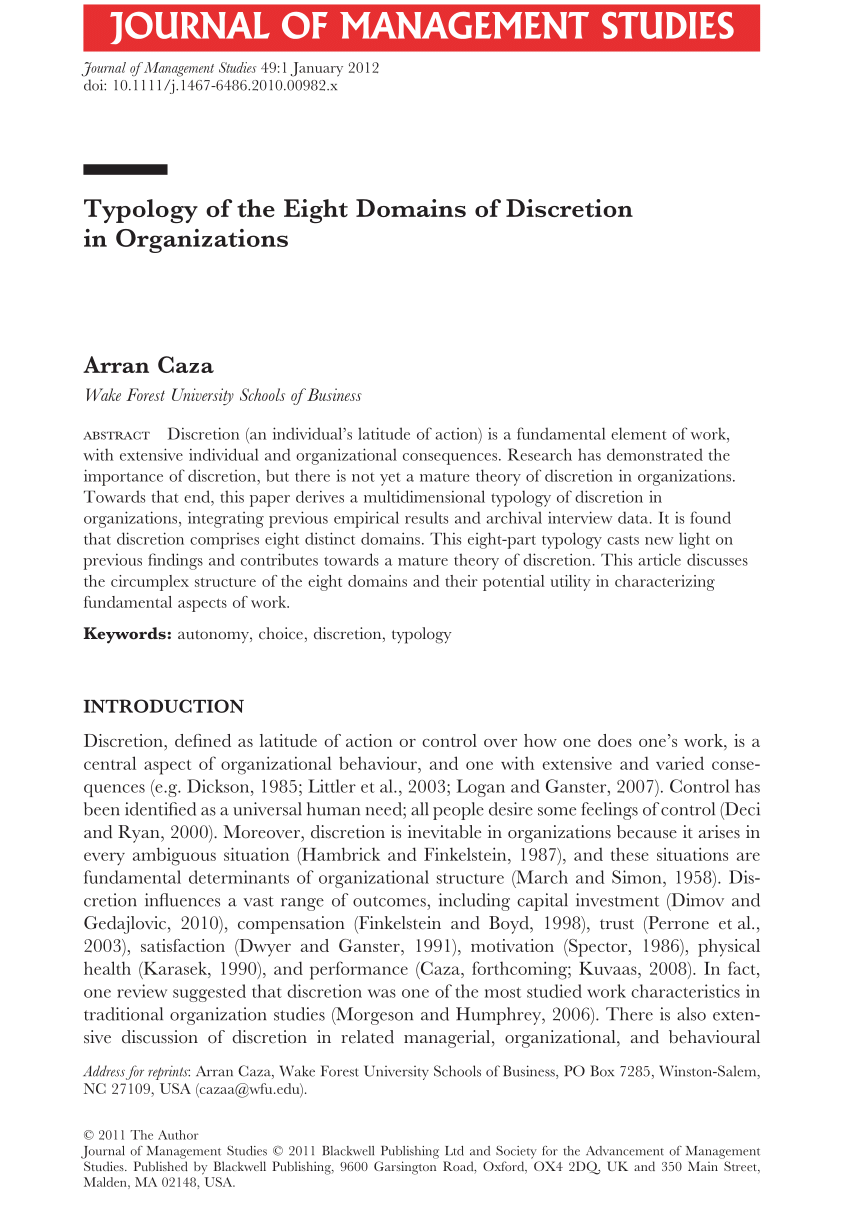 Pdf Typology Of The Eight Domains Of Discretion In Organizations